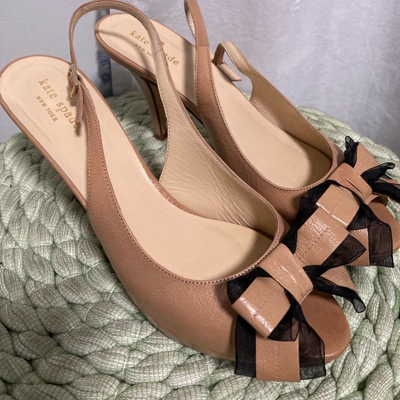 kate spade Shoes - Kate Spade New York Tan Leather Open Toe Kitten Heel Sling-backs with Black Bow
